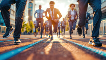 Group business people, athletic and active, sprinting race track, determination and strength in corporate challenge. Fast motion, career speed and success, rivalry and team vitality. Exercising, - obrazy, fototapety, plakaty