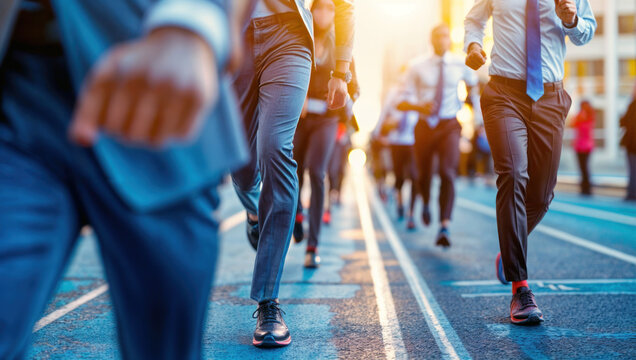 Group business people running in city sunset. Sport and healthy lifestyle concept. Athletic men and women in motion road, exercising in financial district. Active training, freedom dusk. Panoramic