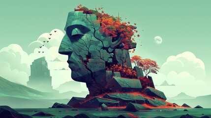 A stone giant with autumn trees and plants growing out of it stands in a surreal landscape.