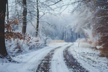 Obraz premium A snowy road with a tree in the background. The road is covered in snow and the tree is bare