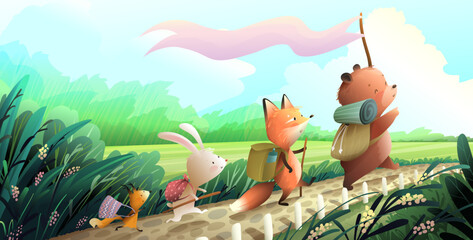Bear fox squirrel and bunny on a journey in scenic rural path in forest landscape. Animal characters backpack adventures. Vector in watercolor colors for children book tales, summer exploration.