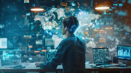 Innovative Tech Entrepreneur Navigating Virtual Ideas in Brainstorming Session