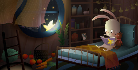 Cute bunny or rabbit read book before sleep with his teddy bear in bed. Animal toys in kids bedroom. Little star peep in the window at night. Vector illustrated magical scene for children story book