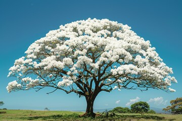 Experience the mesmerizing beauty of a blooming white Ipê tree, where delicate white flowers are illuminated by sunlight against a backdrop of clear blue skies