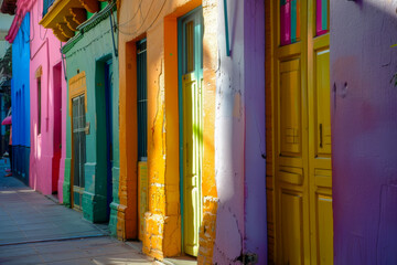 A row of colorful houses with a yellow one in the middle