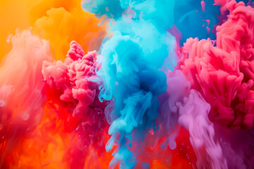 A colorful cloud of smoke with a mix of blue, pink, and orange hues. The smoke is billowing and swirling, creating a dynamic and energetic atmosphere - obrazy, fototapety, plakaty