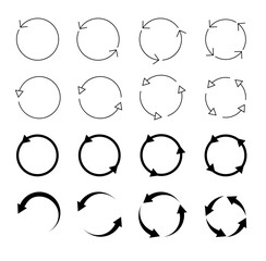 Set of circle arrows isolated. Circular Rotate arrow and spinning loading symbol. Different circular arrows of black color, different thickness and size. Vector