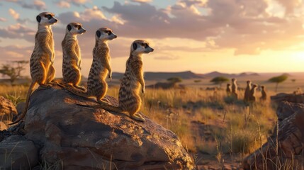 A group of curious meerkats standing sentinel on their hind legs, their tiny paws raised in alarm as they scan the horizon for signs of danger,  - obrazy, fototapety, plakaty