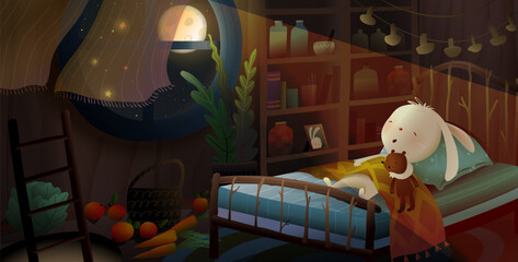 Bunny or rabbit sleeping with his teddy bear in bed inside his house. Sleepy animal toys characters in kids bedroom at night. Vector illustrated magical moonlight scene for children story or fairytale - 792045755