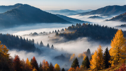 Mystical Autumn Fog in Black Forest, Autumnal Trees, and Firs - Generative AI - obrazy, fototapety, plakaty