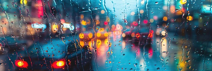 A vivid image capturing the poetic moodiness of a rainy evening in the city, with raindrops adorning the window.