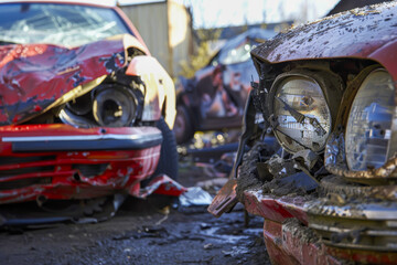 A red car is smashed and has a smashed headlight. The car is surrounded by other wrecked cars