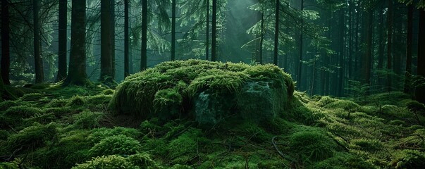 Mystical forest scene with vibrant green moss and filtered sunlight