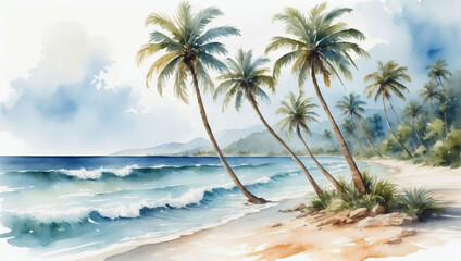 Fototapeta na wymiar Watercolor artwork depicting palm trees swaying by the seaside, with a calming ocean scene, presented on a white background.