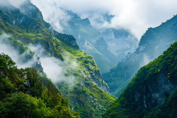 The mountains are covered in lush green trees and the sky is cloudy