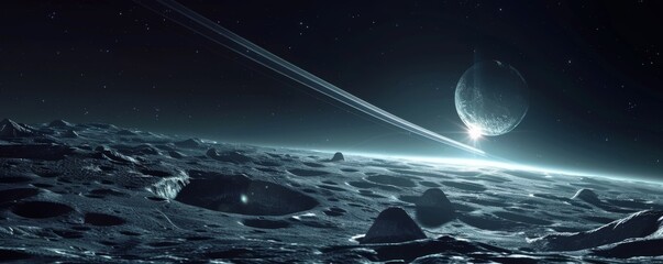Surreal lunar landscape with glowing horizon and distant planet