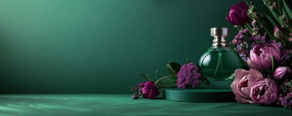Elegant green perfume bottle on minimalist podium surrounded by vibrant flowers