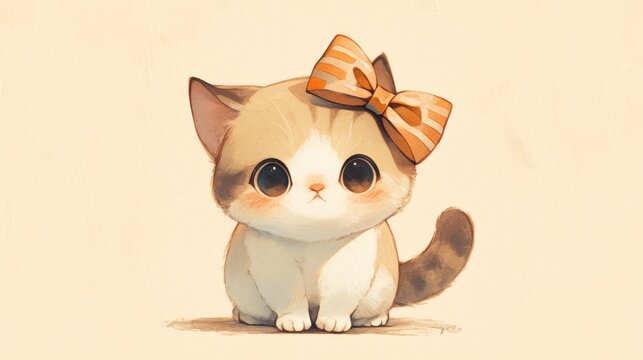 A cute kitty sporting a stylish brown bow perfect for adorning kids outfits storybooks and postcards