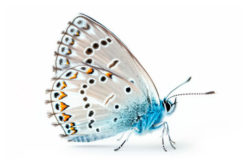Beautiful Leona’s Little Blue butterfly isolated on a white background . Side view
