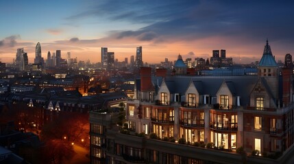 London skyline at sunset. Panoramic image of London, UK.