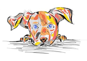 Ilustración digital retrato perro apoyado en una mesa © MartaEstebanLafulla