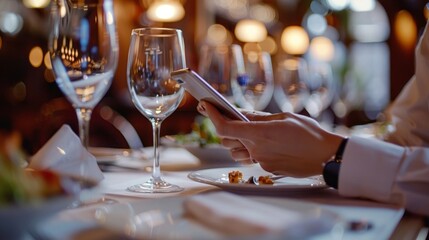 Obraz premium Digital Dining Closeup of Smartphone Reservation with Elegant Restaurant Ambiance in Background