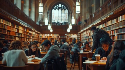 A group of students engaged in lively discussion in a university library, surrounded by towering bookshelves and the soft glow of reading lamps, 