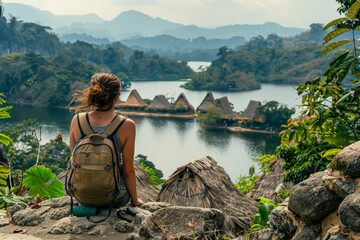 A woman sits on a rock overlooking a lake and a village. She is wearing a backpack and has her hair in a ponytail. The scene is peaceful and serene