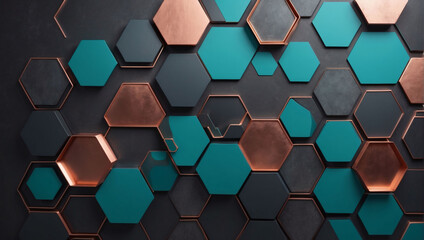 Vibrant hexagon composition in teal, copper, and charcoal for a striking presentation. - obrazy, fototapety, plakaty
