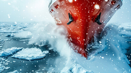 close-up of an icebreaker breaking through the ice of a frozen sea - obrazy, fototapety, plakaty