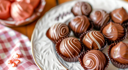 A plate of chocolate covered candies sits on a table. The candies are in various shapes and sizes, and they are all covered in chocolate. The plate is surrounded by a checkered cloth