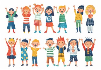 A collection of simple children's drawings, featuring happy people in various poses and expressions. The characters have exaggerated features with large heads and slim bodies, wearing fashionable