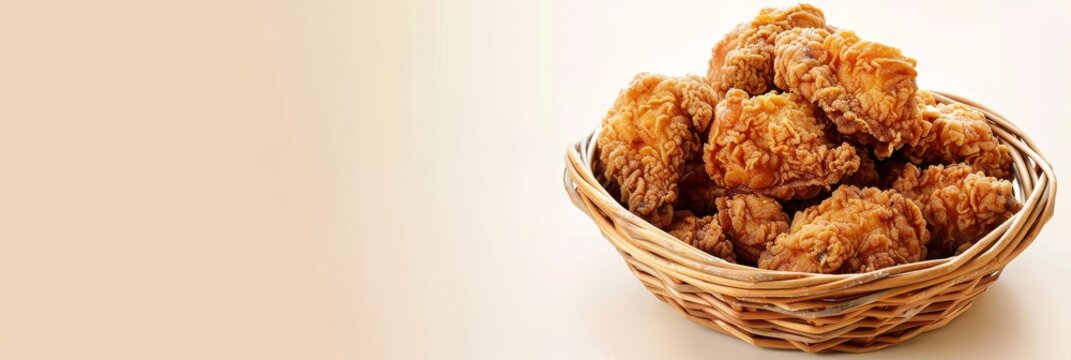 A basket of fried chicken is displayed on a white background. The basket is overflowing with chicken pieces, and the image conveys a sense of abundance and indulgence