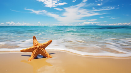 Fototapeta na wymiar Beautiful beach with soft waves and starfish on the sand