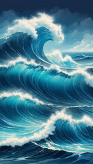 Vibrant illustration showcasing the energy of high waves breaking in a blue ocean.
