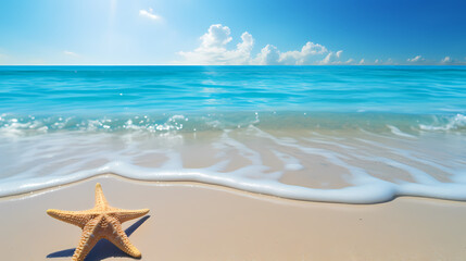 Fototapeta na wymiar Beautiful beach with soft waves and starfish on the sand