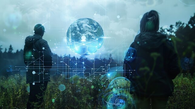 Earth's Guardians Environmental Scientists Analyzing Climate Data Against Stunning Natural Backdrop