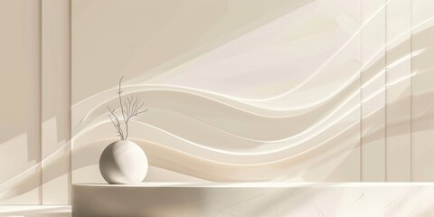 A white vase sits on a table in front of a wall with a wave pattern. The vase is empty, but it is still a beautiful and elegant piece of decor