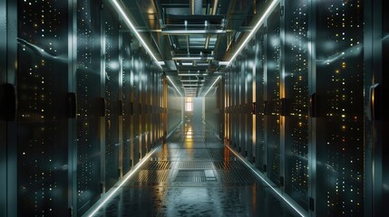 A high-tech data center with rows of servers and racks, humming with activity as they process and store vast amounts of information