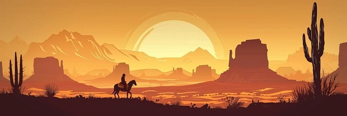 A cowboy riding a horse through the desert at sunset. The scene is peaceful and serene, with the sun setting in the background