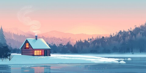 A cabin is shown in front of a mountain range with a lake in the background. The cabin is lit by a fireplace, and the scene is set in the winter - obrazy, fototapety, plakaty
