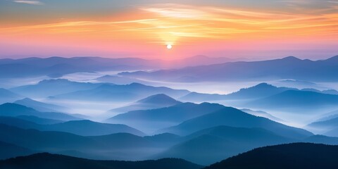 The sky is a beautiful mix of blue and orange hues, with the sun setting in the distance. The mountains in the background are covered in trees, creating a serene and peaceful atmosphere