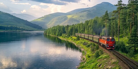 A train is traveling down a track next to a river. The train is red and is surrounded by trees. The scene is peaceful and serene, with the train moving through the beautiful landscape
