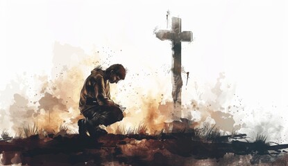 A man kneeling in prayer with the cross behind him, soft misty background, hand drawn watercolor illustration style, white background, neutral colors