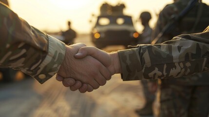 Unity in Service Strong Handshake Among Military Comrades with Patriotic Vehicles in Background - obrazy, fototapety, plakaty