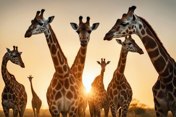 'setting sun herd giraffes africa animal background beauty black cloud colours dawn desert dusk...