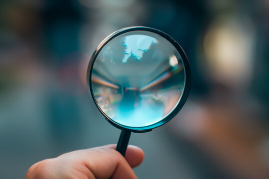 A person is holding a magnifying glass and looking at something. The image has a mysterious and curious mood, as the viewer is trying to figure out what the object in focus is