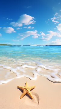 Beautiful beach with soft waves and starfish on the sand