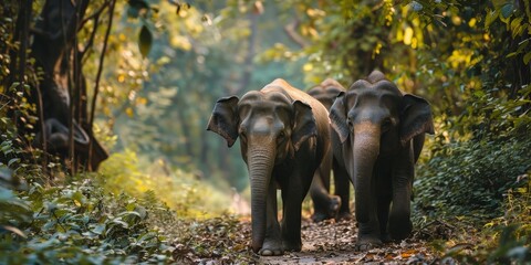 Three elephants walking through a forest. The elephants are walking in a line, with one of them being the tallest. The forest is lush and green, with a lot of trees and foliage