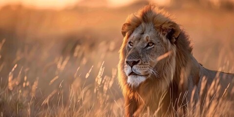 A lion is standing in tall grass with the sun shining on it. The lion is looking to the right - obrazy, fototapety, plakaty